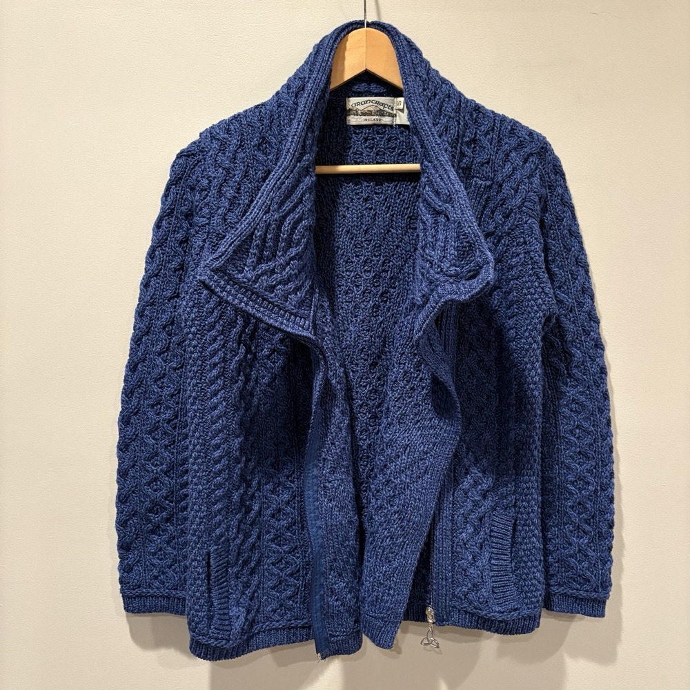 Aran Crafts 100% Merino Wool Cable Knit Side Zip Jacket Cardigan Women's S Blue - Picture 9 of 11